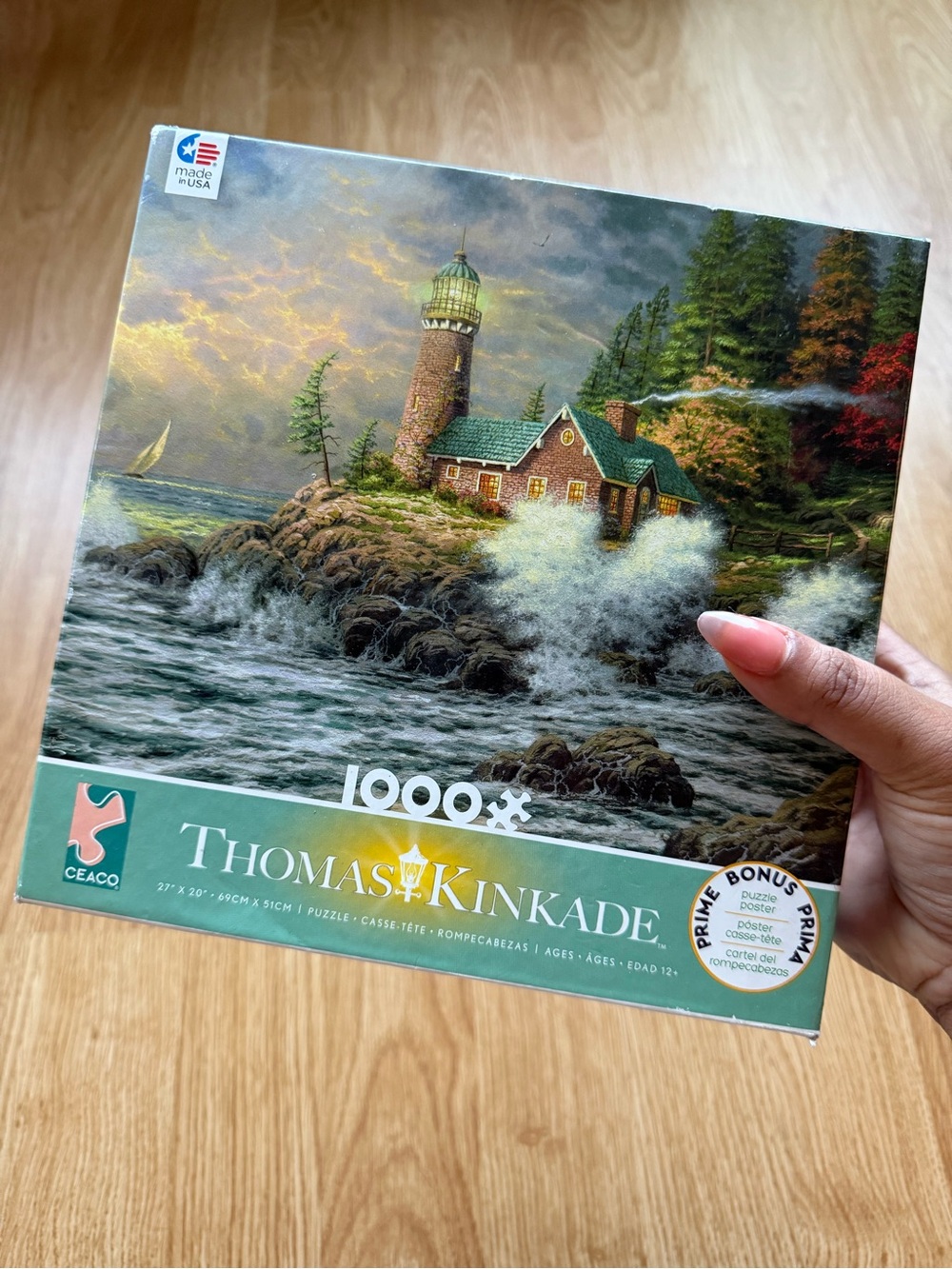Thomas Kinkade Coastal Lighthouse Scene in Green, Blue, Brown and Gold